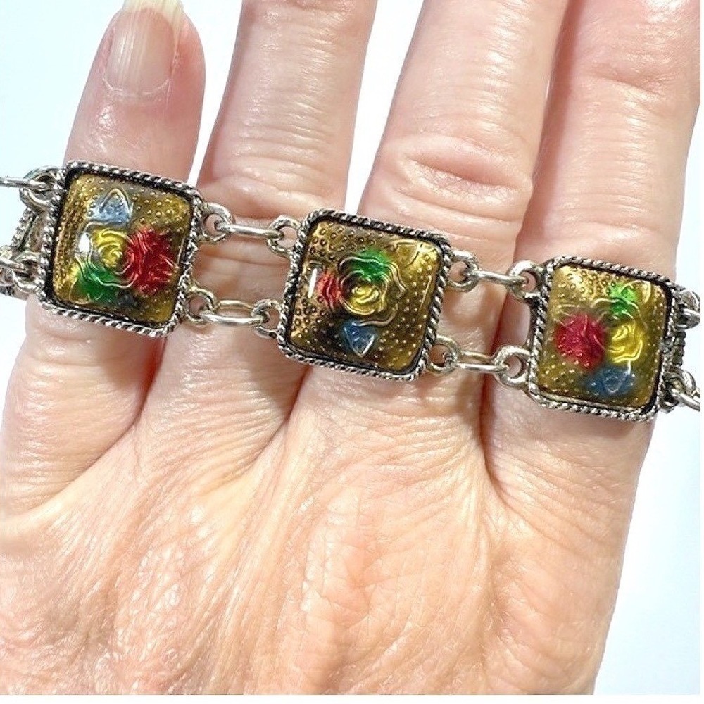 Vintage Floral Panel Link Bracelet Enamel Rose Gold Tone Boho Jewelry - Picture 3 of 10